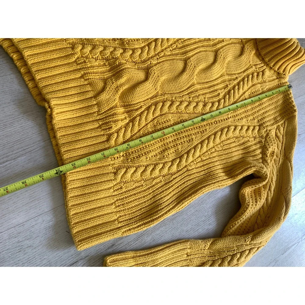 Lands' End Mustard Yellow Cable Knit‎ Turtleneck Sweater Womens XL 100% Cotton